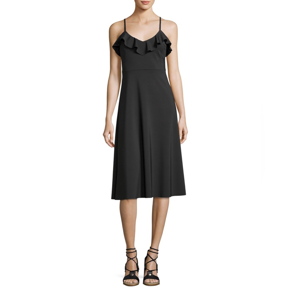 Trina Turk Black Nifty Stretch Jersey Ruffle Midi Dress 2 New